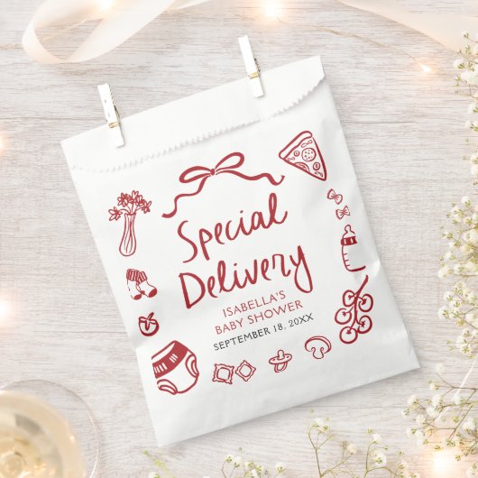 Red Hand Drawn Pizza Special Delivery Baby shower Bedankzakje (Geknipt)