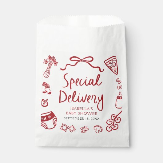 Red Hand Drawn Pizza Special Delivery Baby shower Bedankzakje (Voorkant)
