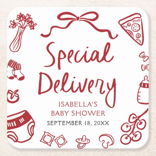 Red Hand Drawn Pizza Special Delivery Baby shower Kartonnen Onderzetters (Voorkant)