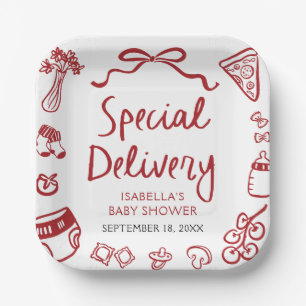 Red Hand Drawn Pizza Special Delivery Baby shower Papieren Bordje