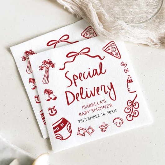 Red Hand Drawn Pizza Special Delivery Baby shower Servet