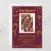 Red Hand Drawn Queen Of Hearts Galentine's Party Kaart (Voorkant)