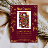 Red Hand Drawn Queen Of Hearts Galentine's Party Kaart