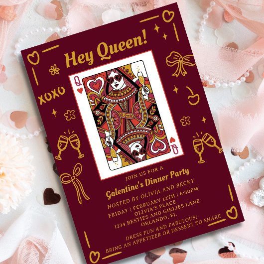Red Hand Drawn Queen Of Hearts Galentine's Party Kaart