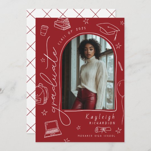 Red Hand Drawn Retro Afstuderen aangekondigd Aankondiging (Voorkant / Achterkant)