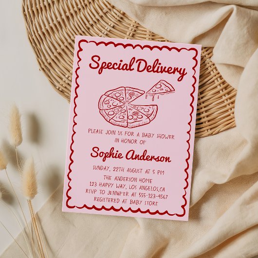 Red Hand Drawn Special Delivery Pizza Baby Shower Kaart