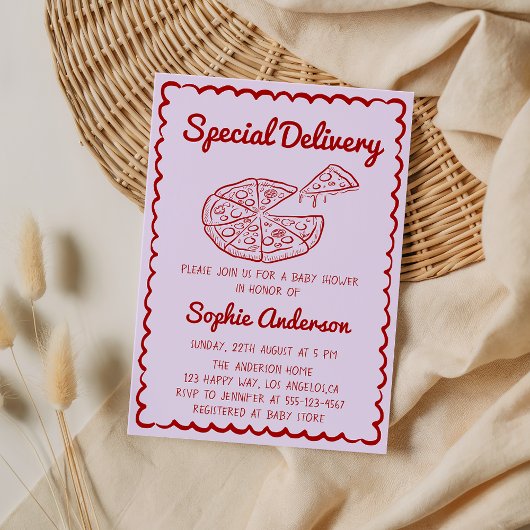 Red Hand Drawn Special Delivery Pizza Baby Shower Kaart