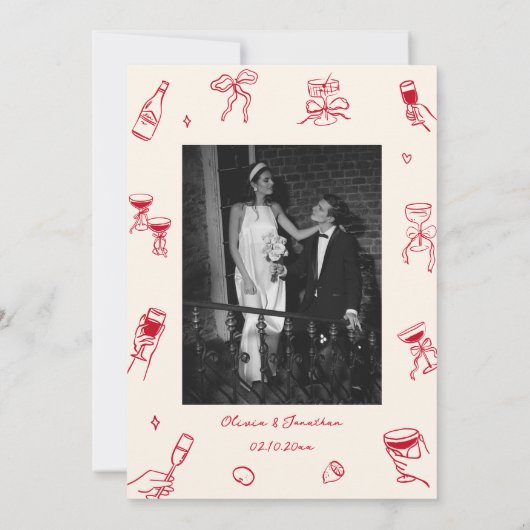 Red Hand Drawn Wedding Save the Date Foto Kaart (Achterkant)