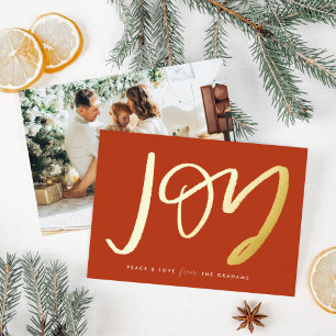 Red Hand-Lettered Joy Foto Gold Foil Holiday Kaart