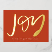 Red Hand-Lettered Joy Gold Foil Holiday Kaart (Voorkant)