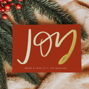 Red Hand-Lettered Joy Gold Foil Holiday Kaart