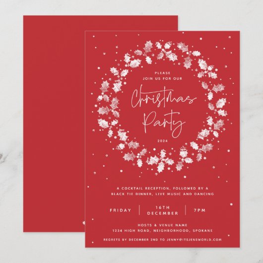 Red Hand Printed Holly Wreath kerstparty Kaart (Voorkant / Achterkant)