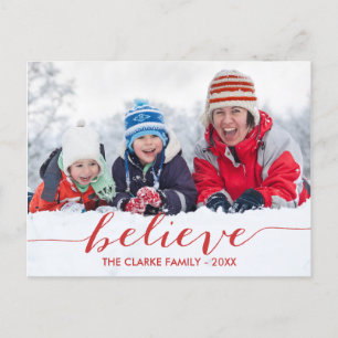 Red Handwrite Believe Holiday Photo Briefkaart