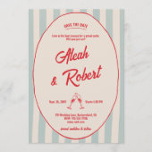 Red Handwriting Blue Stripes Retro Save the Date Kaart (Voorkant)