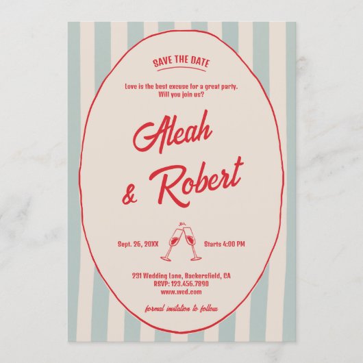 Red Handwriting Blue Stripes Retro Save the Date Kaart (Voorkant)