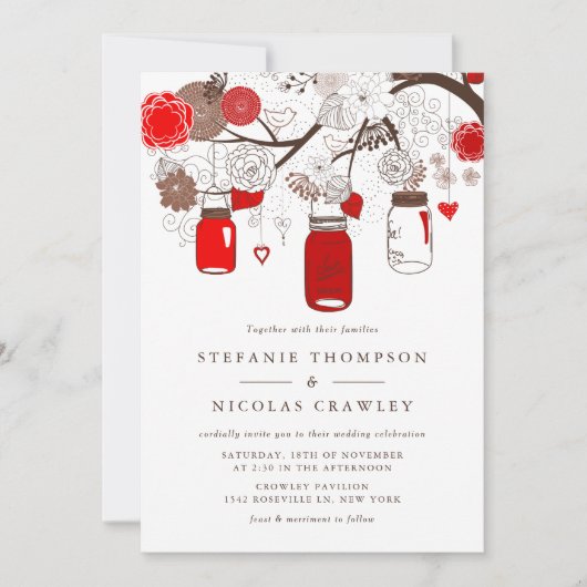 Red Hanging Mason Jars Wedding Kaart (Voorkant)
