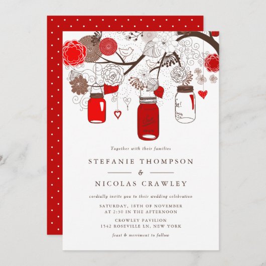 Red Hanging Mason Jars Wedding Kaart (Voorkant / Achterkant)