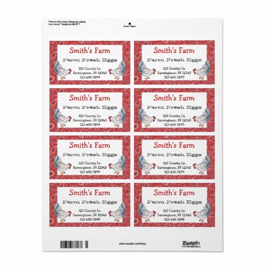 Red Hanky en Chickens Boerderij Fresh Eggs Label (Full Sheet)