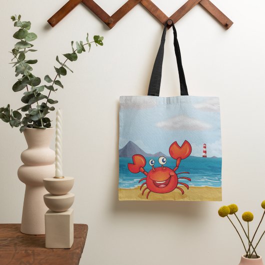 Red Happy Crab op een strand Canvas tas