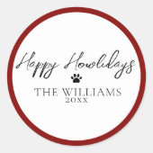 Red Happy Howlidays Paw Print Round Sticker (Voorkant)