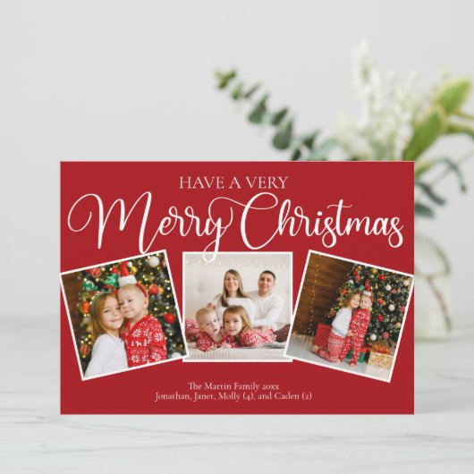 Red Have a Very Merry Christmas 3 Fotocollage Feestdagenkaart (Staand voorkant)