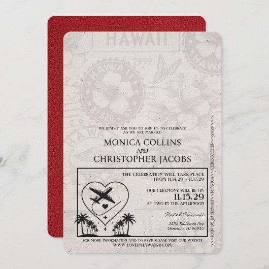 Red Hawaii Passport Wedding Invitation Kaart (Voorkant / Achterkant)