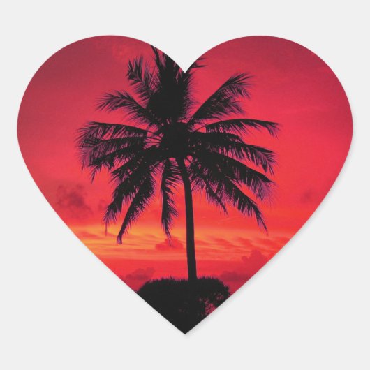 Red Hawaiian Sunset Exotic Palm Trees Hart Sticker (Voorkant)