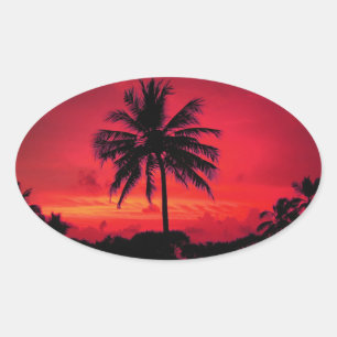Red Hawaiian Sunset Exotic Palm Trees Ovale Sticker