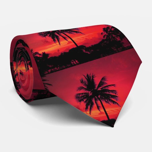 Red Hawaiian Sunset Exotic Palm Trees Stropdas (Opgerold)