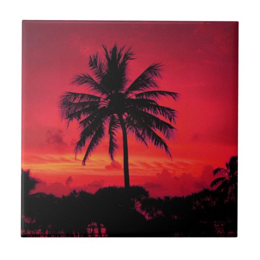 Red Hawaiian Sunset Exotic Palm Trees Tegeltje (Voorkant)