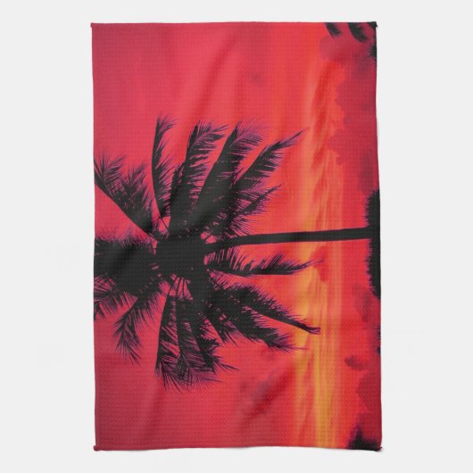 Red Hawaiian Sunset Exotic Palm Trees Theedoek (Verticaal)