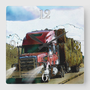 Red Hay Delivery Truck - Truck and Highway Art Vierkante Klok