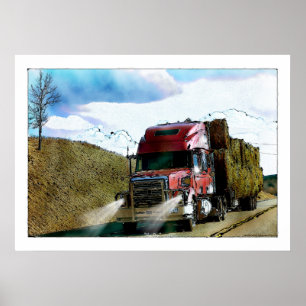 Red Hay Truck Highway Driving Illustration Poster