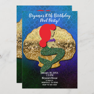 Red Hazard Mermaid Golden Seashell Birthday Party Kaart