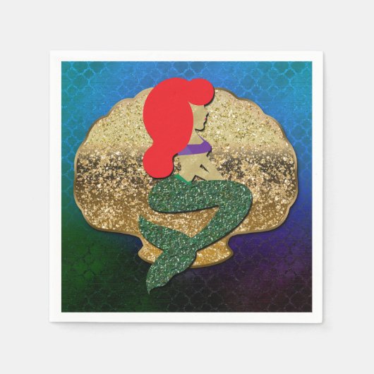 Red Hazard Mermaid Golden Seashell Birthday Party Servet (Voorkant)