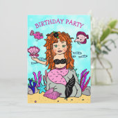 Red Hazard Mermaid under the Zee Birthday Party Kaart (Staand voorkant)