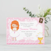 Red Head Meisje Eerste Communie Damask Kaart (Staand voorkant)