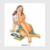 Red Head Pin-up Girl die oude records afspeelt Sticker (Vel)