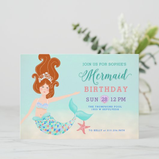 Red Head White Mermaid Birthday Party Kaart (Staand voorkant)