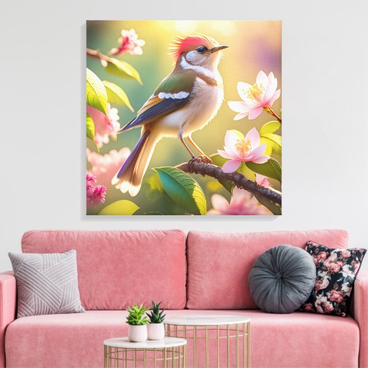 Red Headed Buff Chested Warbler Fantasy Bird Canvas Afdruk (Insitu (Woonkamer))
