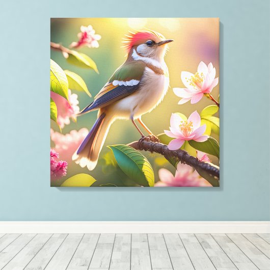 Red Headed Buff Chested Warbler Fantasy Bird Canvas Afdruk (Insitu (Houten vloer))