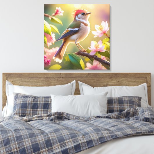 Red Headed Buff Chested Warbler Fantasy Bird Canvas Afdruk (Insitu (Slaapkamer))