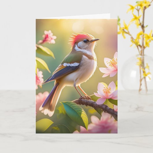 Red Headed Buff Chested Warbler Fantasy Bird Kaart (Gele Bloem)