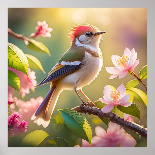 Red Headed Buff Chested Warbler Fantasy Bird Poster (Voorkant)