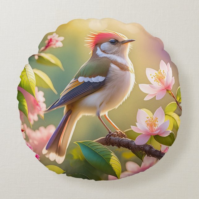 Red Headed Buff Chested Warbler Fantasy Bird Rond Kussen (Voorkant)
