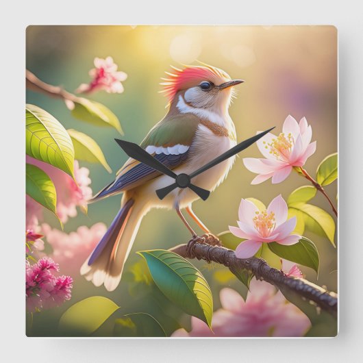 Red Headed Buff Chested Warbler Fantasy Bird Vierkante Klok (Voorkant)