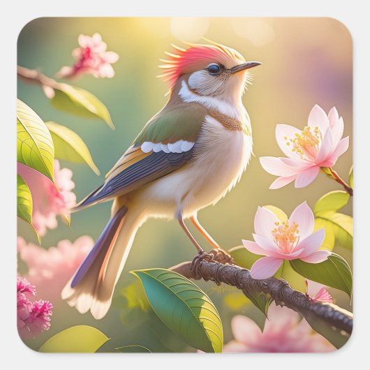Red Headed Buff Chested Warbler Fantasy Bird Vierkante Sticker (Voorkant)