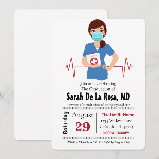 Red Headed Girl Medical School Afstuderen Uitnodig Kaart (Voorkant / Achterkant)