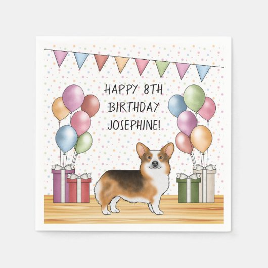 Red Headed Tri Pembroke Welsh Corgi Happy Birthday Servet (Voorkant)