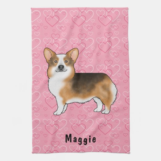 Red Headed Tri Pembroke Welsh Corgi Hearts & Name Theedoek (Verticaal)